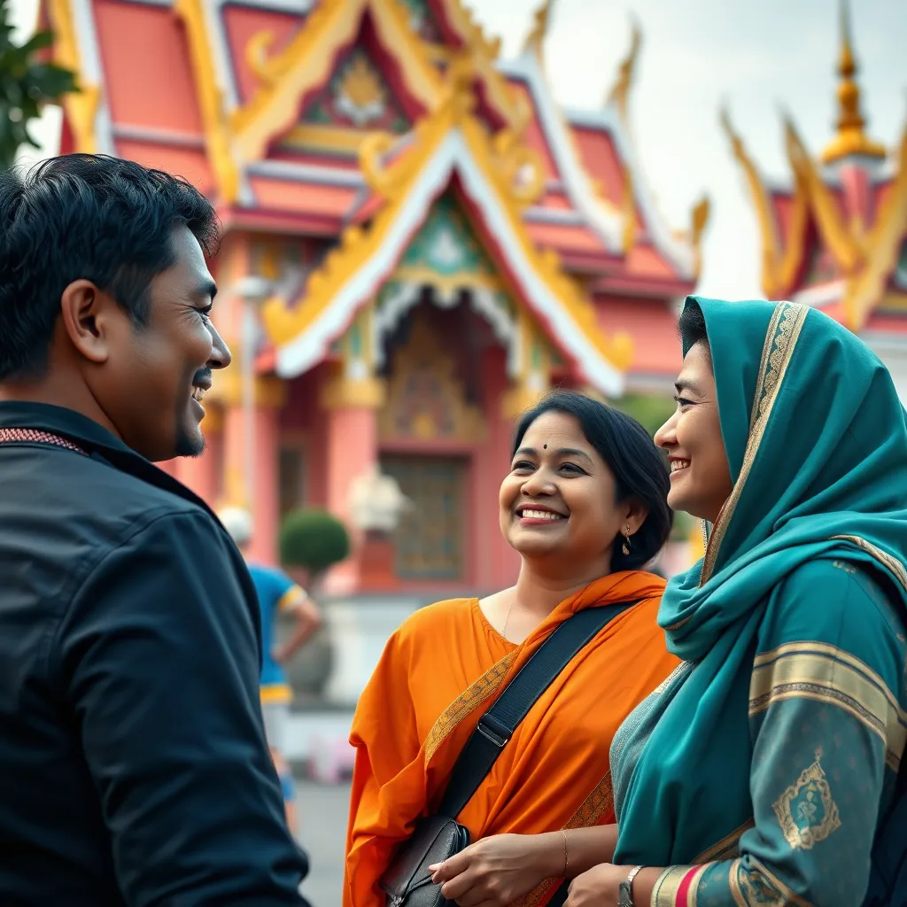A smiling Indian tourist couple interacting with an English-speaking Thai tour guide in front of a vibrant Thai temple. The scene should convey a sense of ease and cultural understanding.