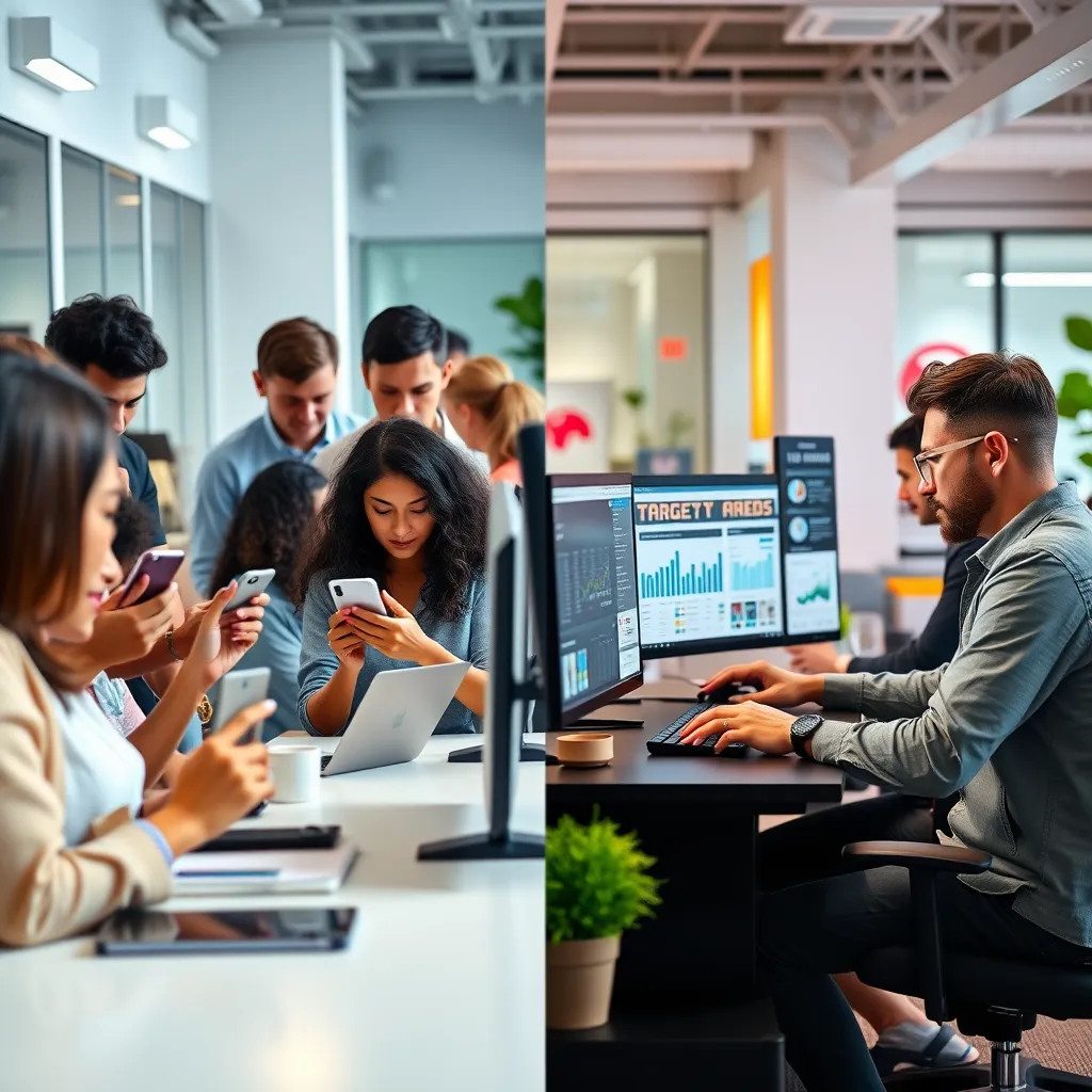 A split-screen image. On the left, a diverse group of people are browsing the internet on their phones and laptops. On the right, a marketing team is working on a computer, analyzing data and creating targeted ads for different customer segments. The background is a modern office with vibrant colors and a positive atmosphere.