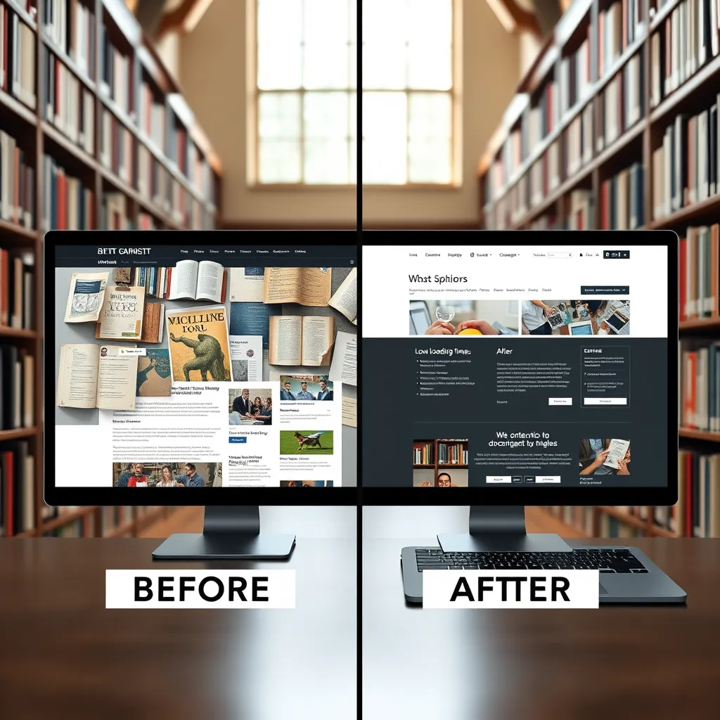 A split-screen image showcasing a before-and-after comparison of a website. The left side shows a cluttered, outdated website with slow loading times and poor user interface. The right side shows a clean, modern website with optimized content, intuitive navigation, and user-friendly design. The background is a library with rows of books and natural light filtering through the windows, symbolizing knowledge and research. The image should convey a sense of transformation and improvement, highlighting the value of a website audit and optimization. 8K resolution, hyperrealistic, with a focus on sharp details and clear visual differences between the two website versions.