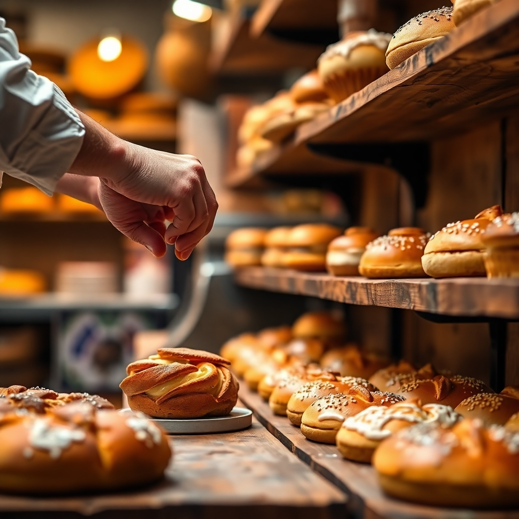 A stylized 4K resolution image depicting the heart of Pim's Bakery in Pattaya. The image could be a close-up shot of a baker's hands carefully crafting a delicious pastry, or a warm and inviting scene showing various baked goods arranged on rustic wooden shelves, bathed in soft, golden light.  The color palette should be warm and inviting, using earth tones and rich colors that emphasize the natural ingredients. A slight bokeh effect could be used to draw attention to the pastries. The camera angle could be slightly elevated, to showcase the detail and care put into the baking process. The texture of the pastries, wood, and other elements should be sharply defined. The overall style could be rustic, yet sophisticated; think of images found in high-end lifestyle magazines.  The image should be reminiscent of a family bakery and convey feelings of warmth and tradition. The image should convey the bakery’s warmth, friendliness and craftsmanship.