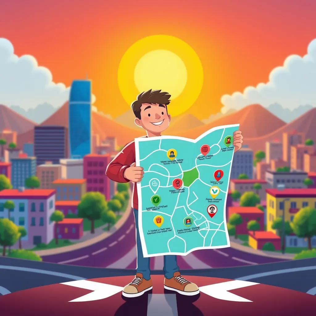 A stylized illustration of a person standing at a crossroads, holding a map with different website features marked on it. The background is a bright, colorful city landscape with a glowing sun overhead. The illustration should have a friendly and approachable style.