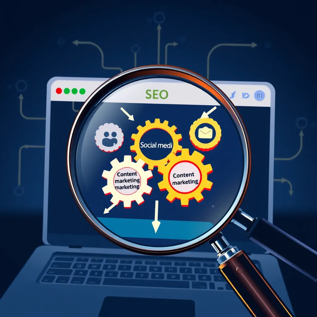 A stylized illustration of a website with a magnifying glass hovering over it, revealing interconnected gears representing SEO, social media, content marketing, and email marketing. Each gear is labeled and connected with a flow of data and arrows symbolizing their synergy.
