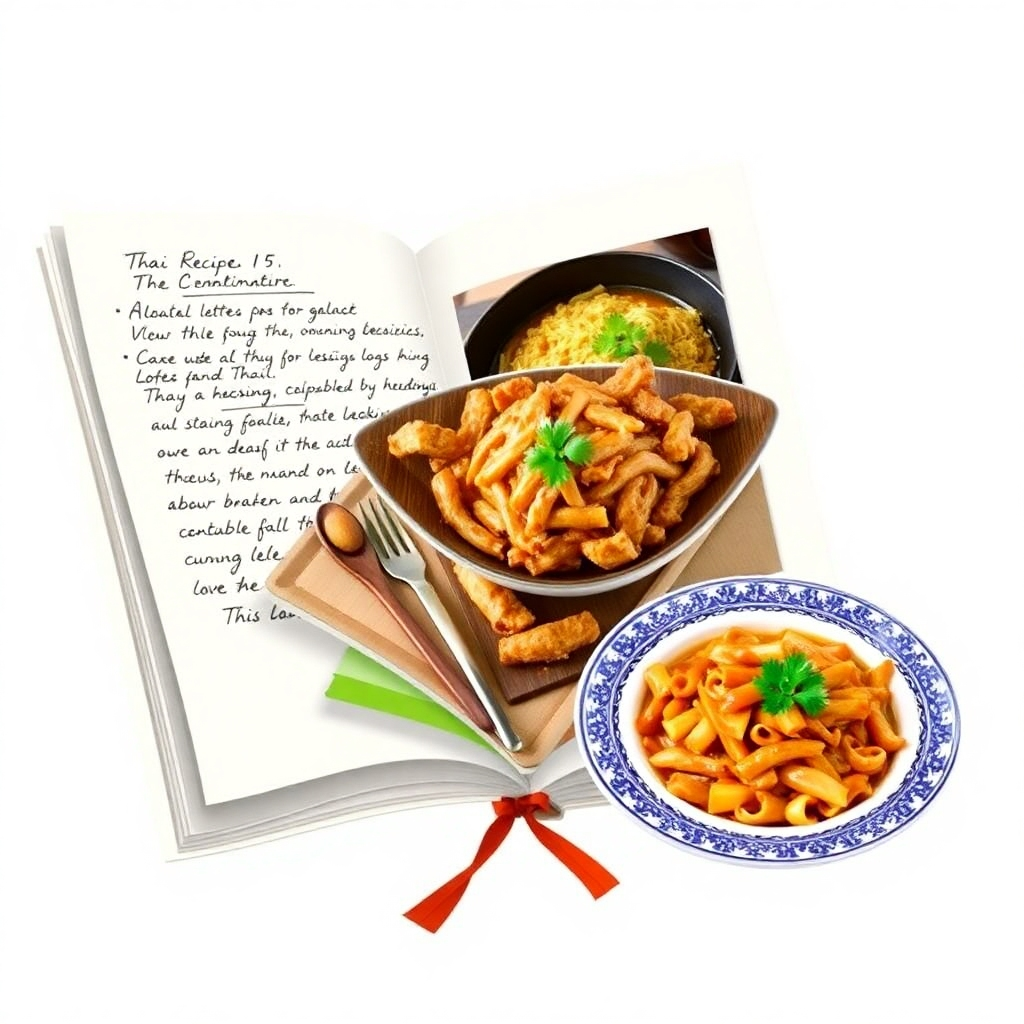 A stylized image depicting a collection of recipe books or handwritten notes, possibly with images of finished Thai dishes, evoking a feeling of culinary tradition and heritage.