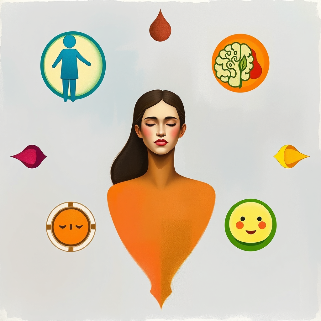 A stylized image depicting a person surrounded by symbols representing the different aspects of well-being: physical health, mental clarity, emotional balance. The style is a blend of realism and abstract art. The color palette is harmonious and balanced, with colors representing the different elements of well-being.