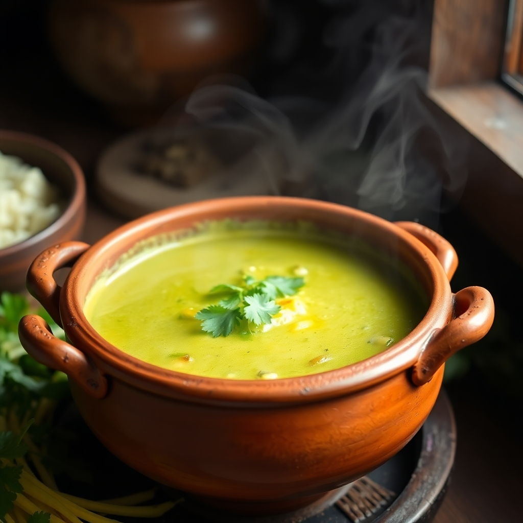 A stylized image depicting a simmering Thai green curry in a traditional clay pot, with steam rising from the top. The scene should be warm and inviting, with a focus on rich textures and vibrant colors. The composition should be balanced and aesthetically pleasing, with the curry pot as the central focus. The image should evoke a sense of warmth and comfort, inviting the viewer to indulge in the delicious aromas.