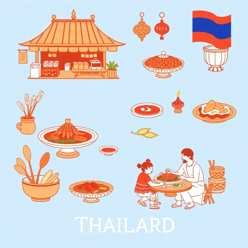 A stylized image depicting elements of Thai culture related to food, such as a traditional Thai market scene, ornate food serving platters, or a family enjoying a Thai meal together.