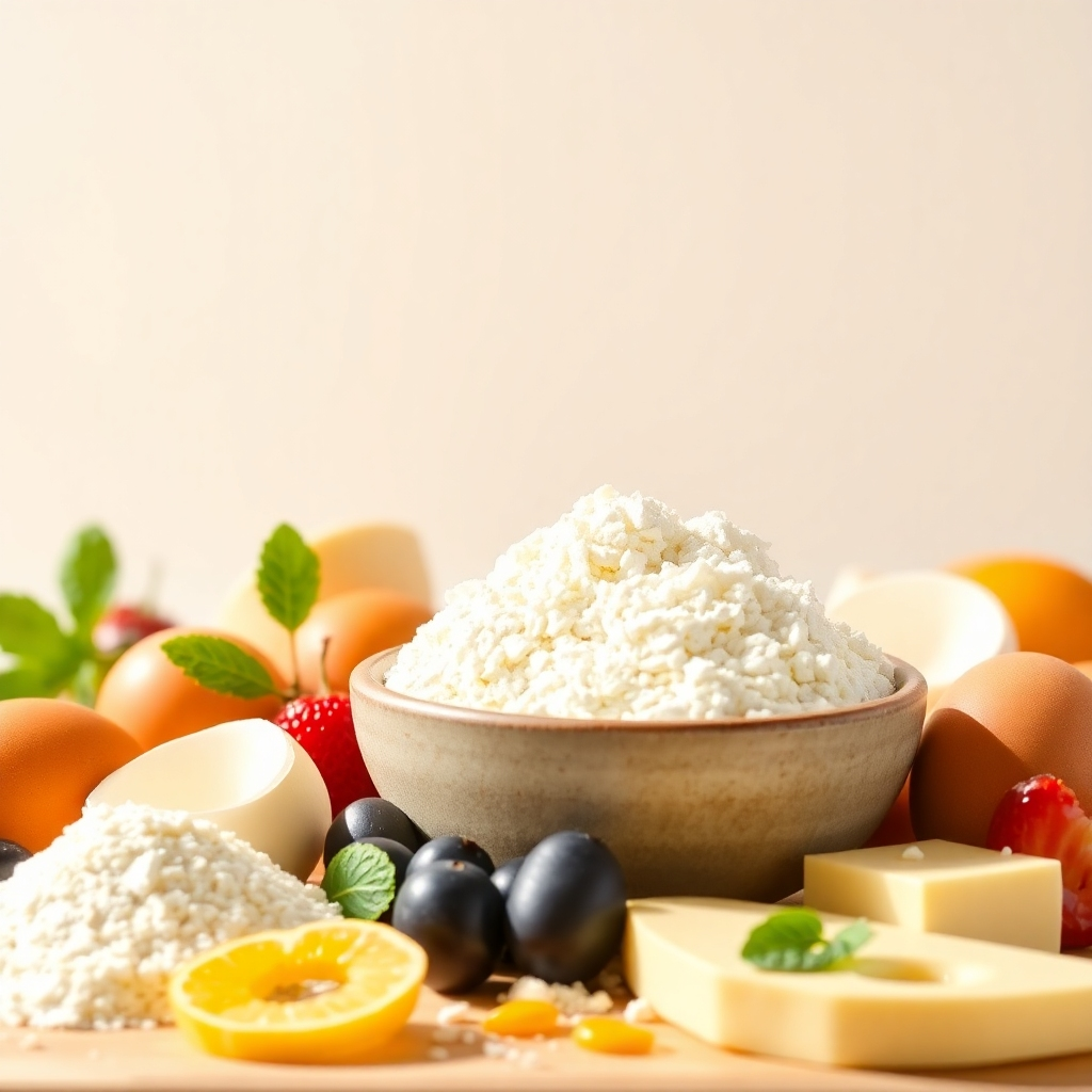 A stylized image depicting high-quality ingredients used at Pim's Bakery.  This could be a composition of various high-quality ingredients—flour, butter, eggs, fruit, etc.—artfully arranged to highlight their freshness and quality. The lighting should be bright and airy, emphasizing the vibrancy of the ingredients. The overall style should be clean, modern, and slightly minimalist, while still showcasing the richness and natural beauty of the ingredients. Use sharp focus to capture the textural details of each ingredient.