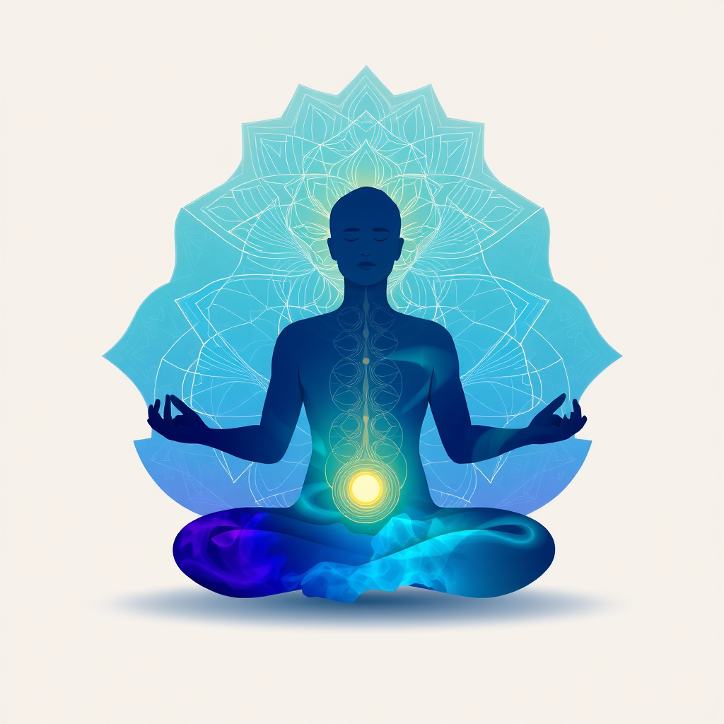 A stylized image of a person meditating in lotus position, overlaid with abstract patterns representing breath and energy flow. The color palette is calming and serene, with blues, greens, and purples dominating. The style is a blend of realism and digital art. Focus on creating a visual representation of inner peace and mindfulness.