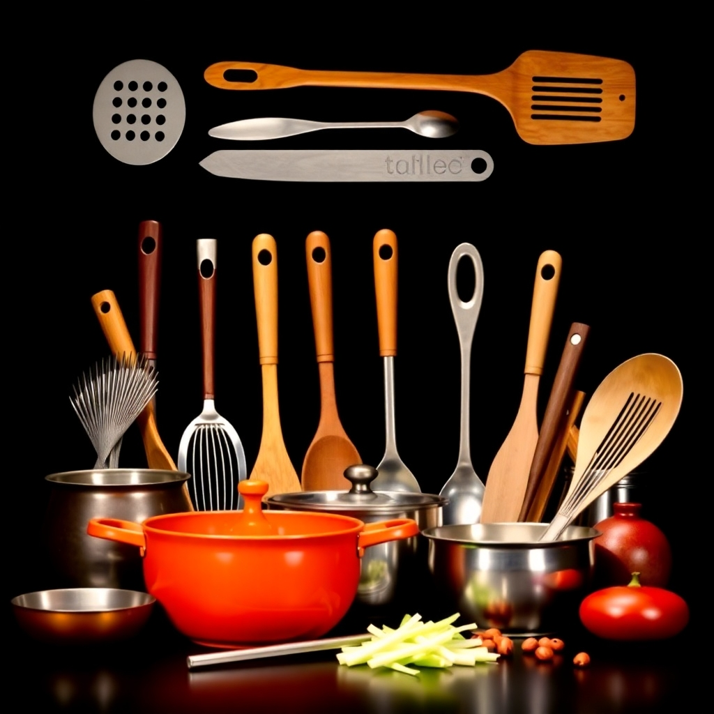 A stylized image showcasing a variety of cooking tools and utensils commonly used in Thai cooking, beautifully arranged and illuminated, conveying a sense of precision and culinary mastery.