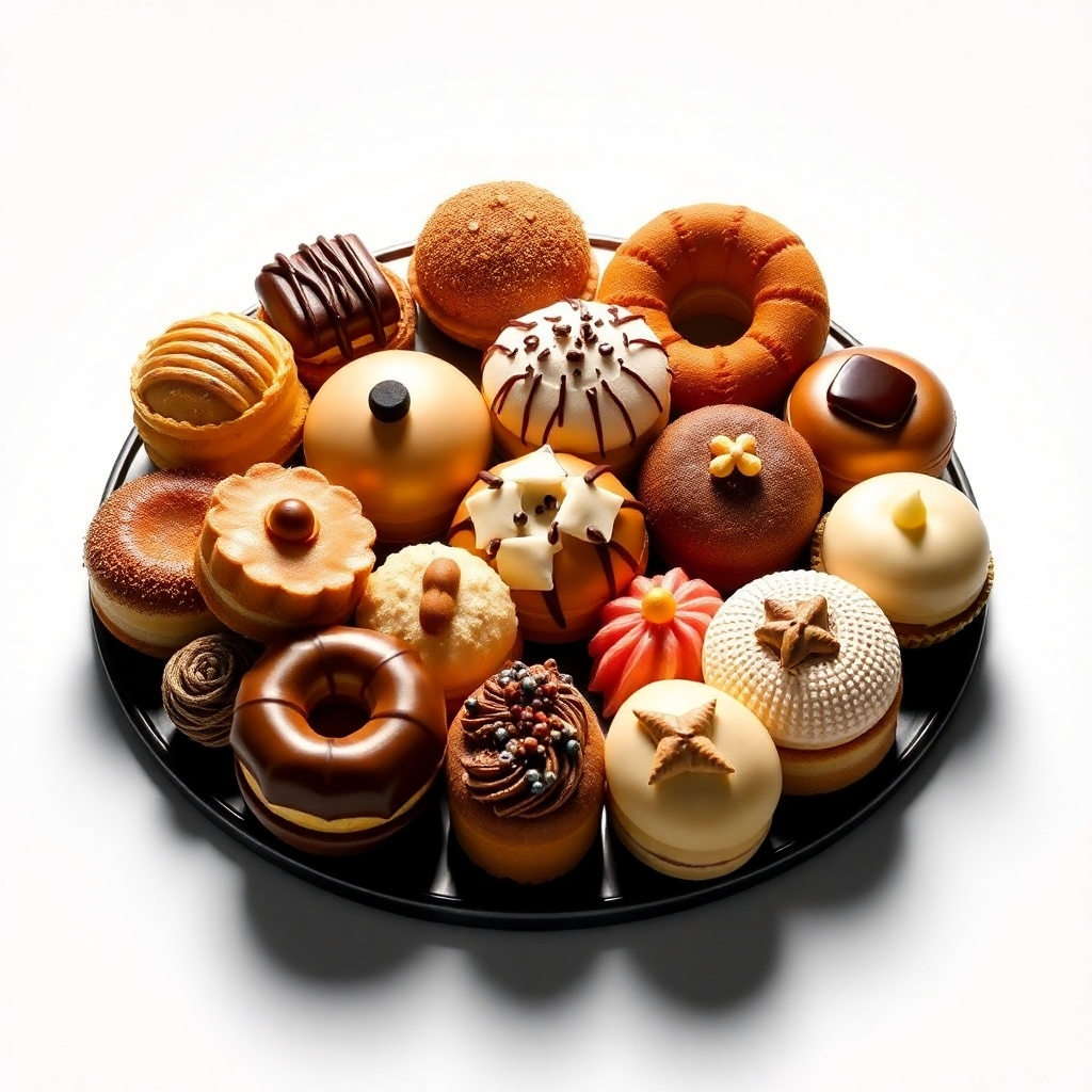 A stylized image showcasing a variety of the bakery's best-selling products, beautifully arranged to highlight their unique shapes, textures, and colors.  The lighting should be artistic and evocative, with careful attention to shadows and highlights to create a sense of depth and drama. The background should be a simple, elegant backdrop that complements the pastries without distracting from them.