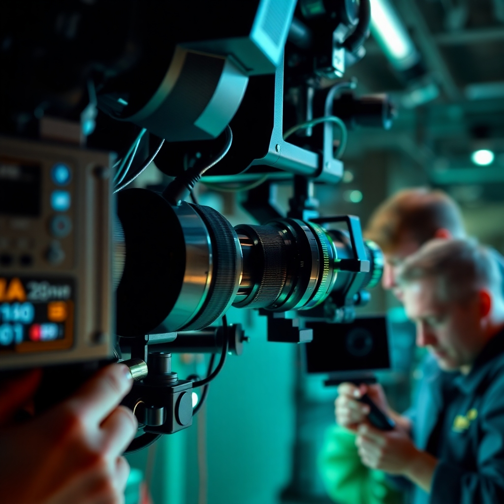 A stylized image showing a close-up of high-tech film equipment, intercut with shots of skilled crew members focused on their work. The lighting should be sharp and highlight the precision of the equipment. Use a color palette of cool blues and greens to signify precision and technology.