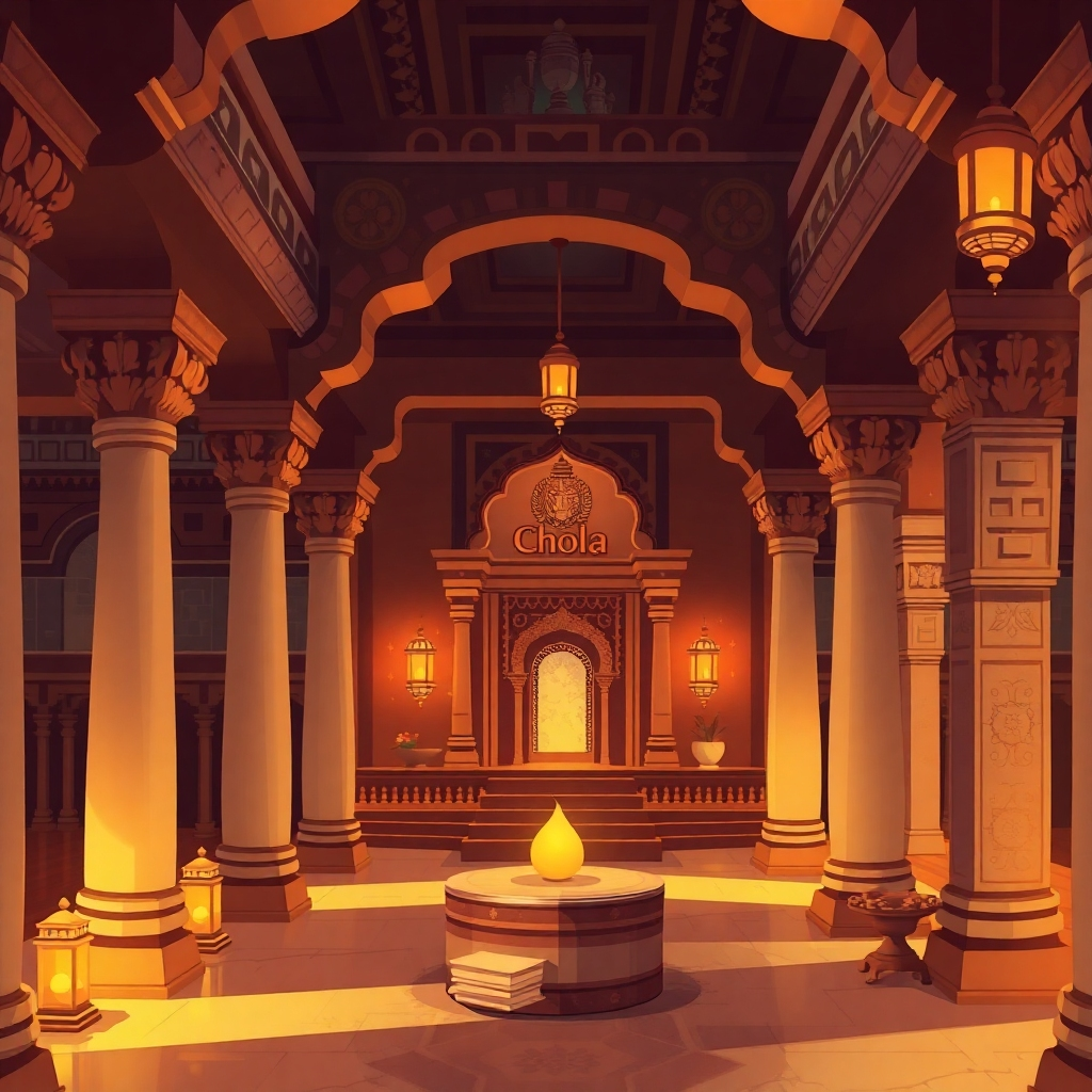 A stylized image showing the architectural details and ambiance of the Cholas. The style should evoke historical elegance. The lighting should be warm and inviting. The color palette should be rich, with earth tones and subtle accents of gold.