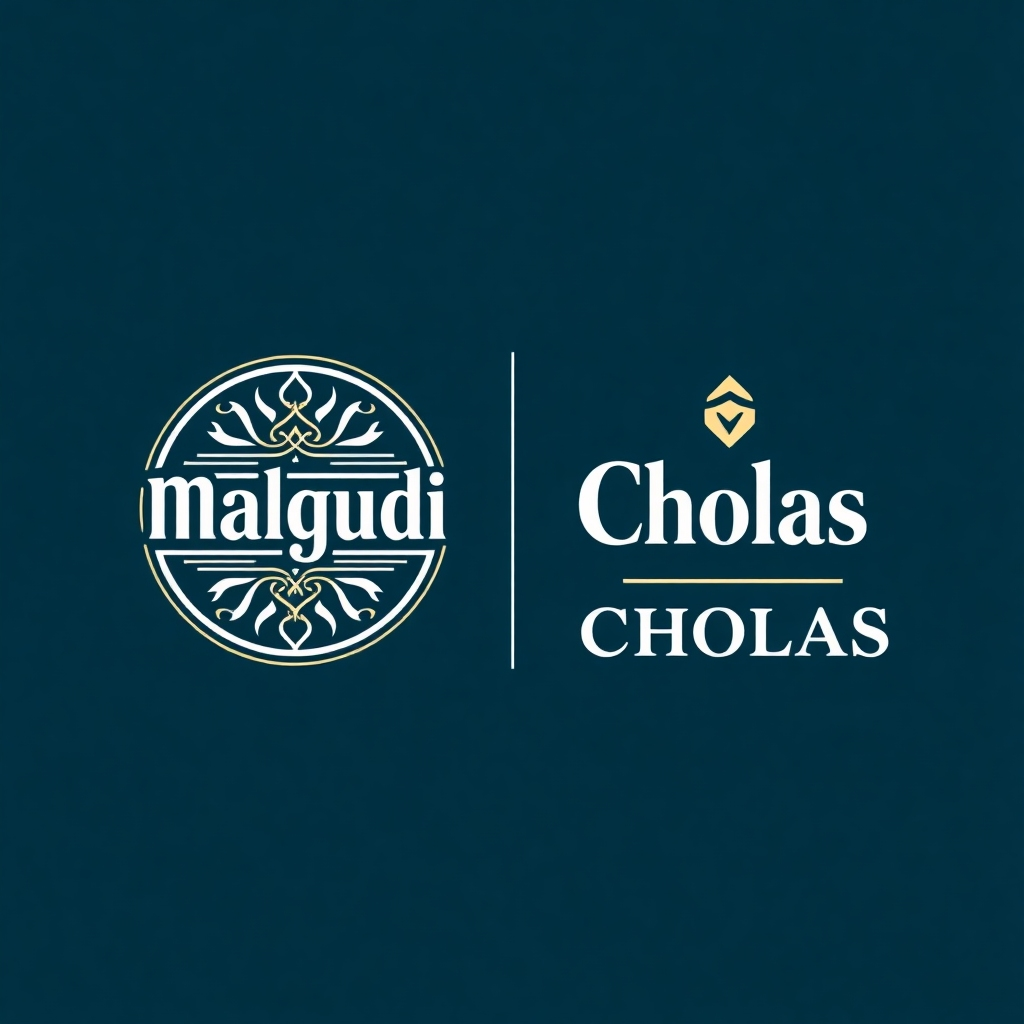 A stylized image showing the logos of Malgudi and Cholas side by side, creating a cohesive and elegant look. The style should be modern and clean. The lighting should be soft and even. The color palette should be consistent with the brand, reflecting shared values.