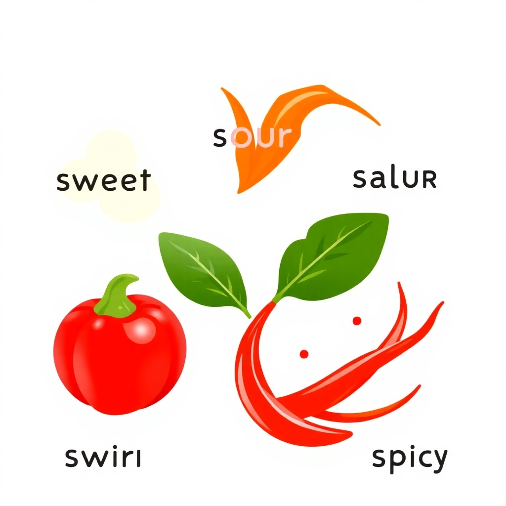 A stylized image visually representing the four elements of Thai flavors (sweet, sour, salty, and spicy). This could be an abstract composition or a series of symbolic objects, representing each flavor profile with a rich color palette.