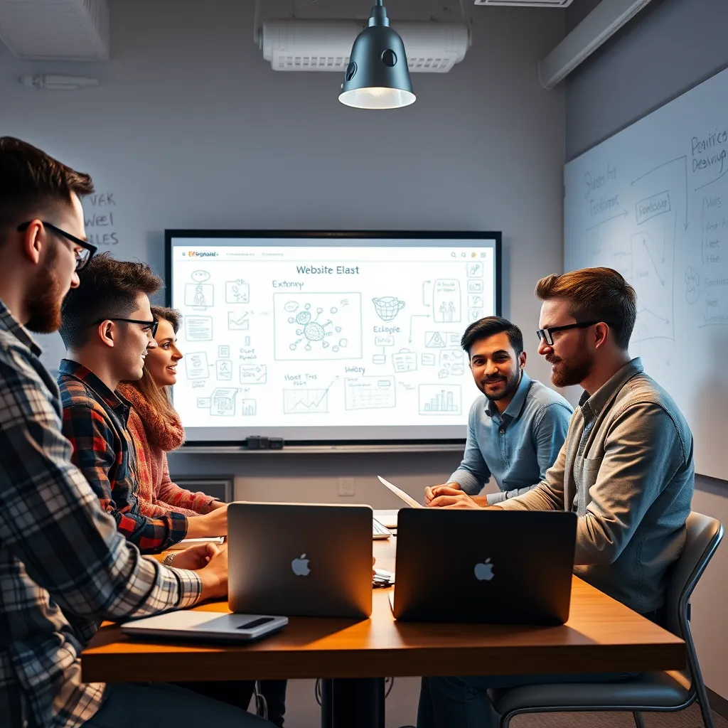A team of diverse developers working together on a laptop, brainstorming ideas around a whiteboard covered in sketches and notes, with a website mockup projected on the screen in the background. The atmosphere should be creative and collaborative, showcasing the power of teamwork in web development.