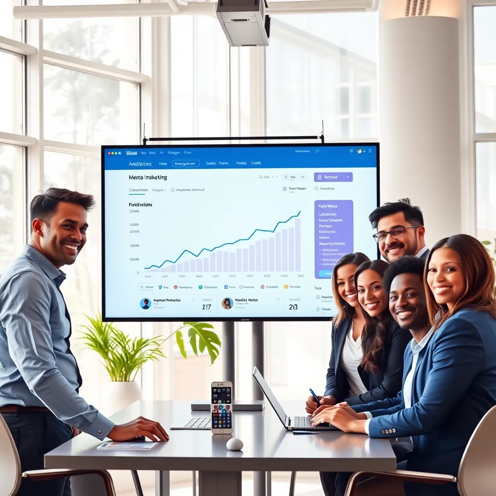 A vibrant, modern office with a team of diverse professionals collaborating around a large screen displaying social media analytics. The screen shows a clear, upward trend in followers, engagement, and brand mentions. Natural light streams in through large windows, creating a bright and positive atmosphere. The team wears professional attire and smiles, exuding confidence and enthusiasm. High-quality, photorealistic image with sharp details and dynamic composition. 8K resolution, hyperrealistic, with a focus on capturing the energy and excitement of successful social media marketing.
