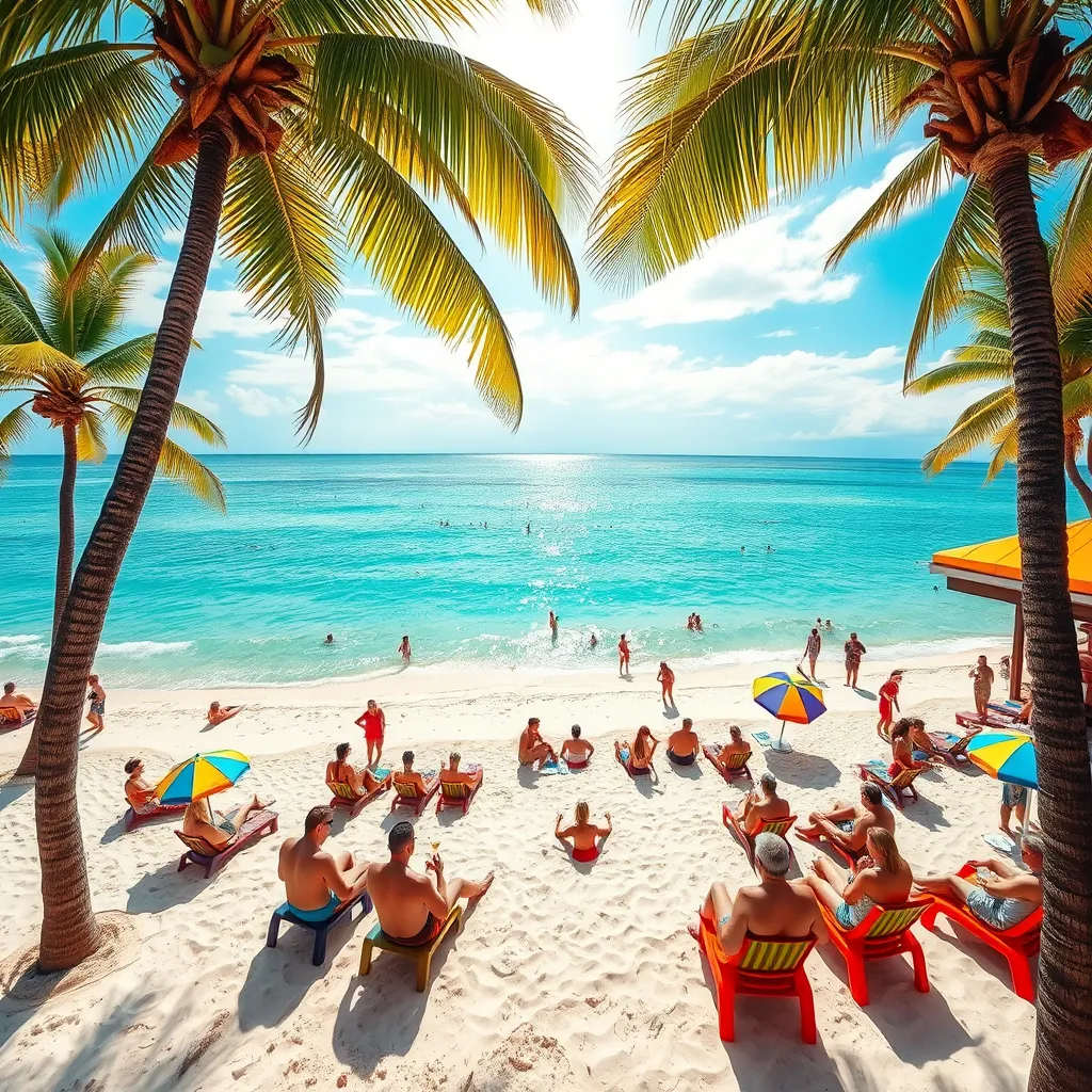 A vibrant and inviting scene of a Pattaya beach, with clear turquoise waters lapping at soft white sand.  The sun shines brightly, casting warm golden light on the beach.  Palm trees sway gently in the breeze, providing shade for beachgoers.  A group of happy tourists are enjoying themselves, some sunbathing, others swimming, and others sipping cocktails at a beachfront bar. The atmosphere is lively and carefree, with a mix of vibrant beach umbrellas and colorful lounge chairs.  Capture the scene in a hyperrealistic style, with rich colors and textures.  Rendered in 8K resolution with a wide-angle perspective to encompass the vastness of the beach.