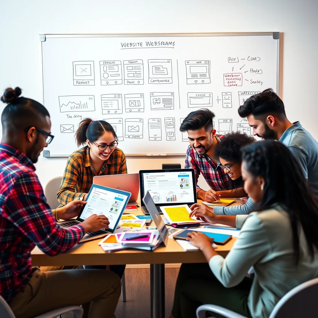 A vibrant image showcasing a group of diverse people collaborating on a website design. They are using laptops and tablets, with colorful interface mockups scattered around them. In the background, a whiteboard displays different website wireframes and sketches. The overall feel should be energetic and collaborative, reflecting a team focused on creating an affordable website solution.