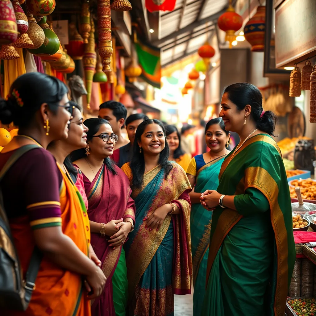 A vibrant scene depicting a group of Indian tourists, dressed in traditional attire, exploring a bustling Thai market. The guide, a friendly Thai woman in a traditional dress, is interacting with the group, pointing out local delicacies and explaining the cultural significance of the market. Capture the lively atmosphere with warm, natural lighting, showcasing the rich colors and textures of the market stalls.  Include details such as fresh fruits, colorful spices, intricate silk fabrics, and handmade crafts. Render the scene in a photorealistic style with 8K resolution, emphasizing the intricate details of the market and the smiles on the faces of the tourists. Emphasize the connection between the guide and the tourists, showcasing their genuine interest in the local culture.