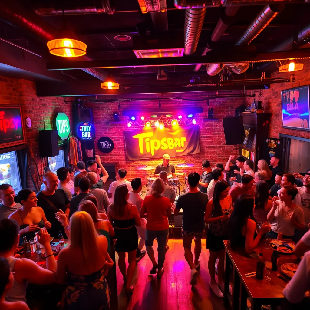 A vibrant scene inside Tipsy Bar, Pattaya. The bar is filled with patrons, laughing and enjoying themselves. A live band is performing on a small stage, with a spotlight shining on the lead singer. The bar is decorated with warm lighting, exposed brick walls, and rustic wooden furniture. The atmosphere is lively and upbeat, with people dancing and socializing. Capture the energy of the scene with a wide-angle shot, showcasing the band, the crowd, and the bar's unique ambiance. The lighting is dramatic, with warm spotlights highlighting the performers and creating shadows that add depth and intrigue. The colors are rich and vibrant, with the stage lights casting colorful hues on the crowd and the bar. Render in 8K resolution, capturing the textures of the brick walls, the wood furniture, and the vibrant clothing of the patrons. The image should feel like a snapshot of a memorable night out.