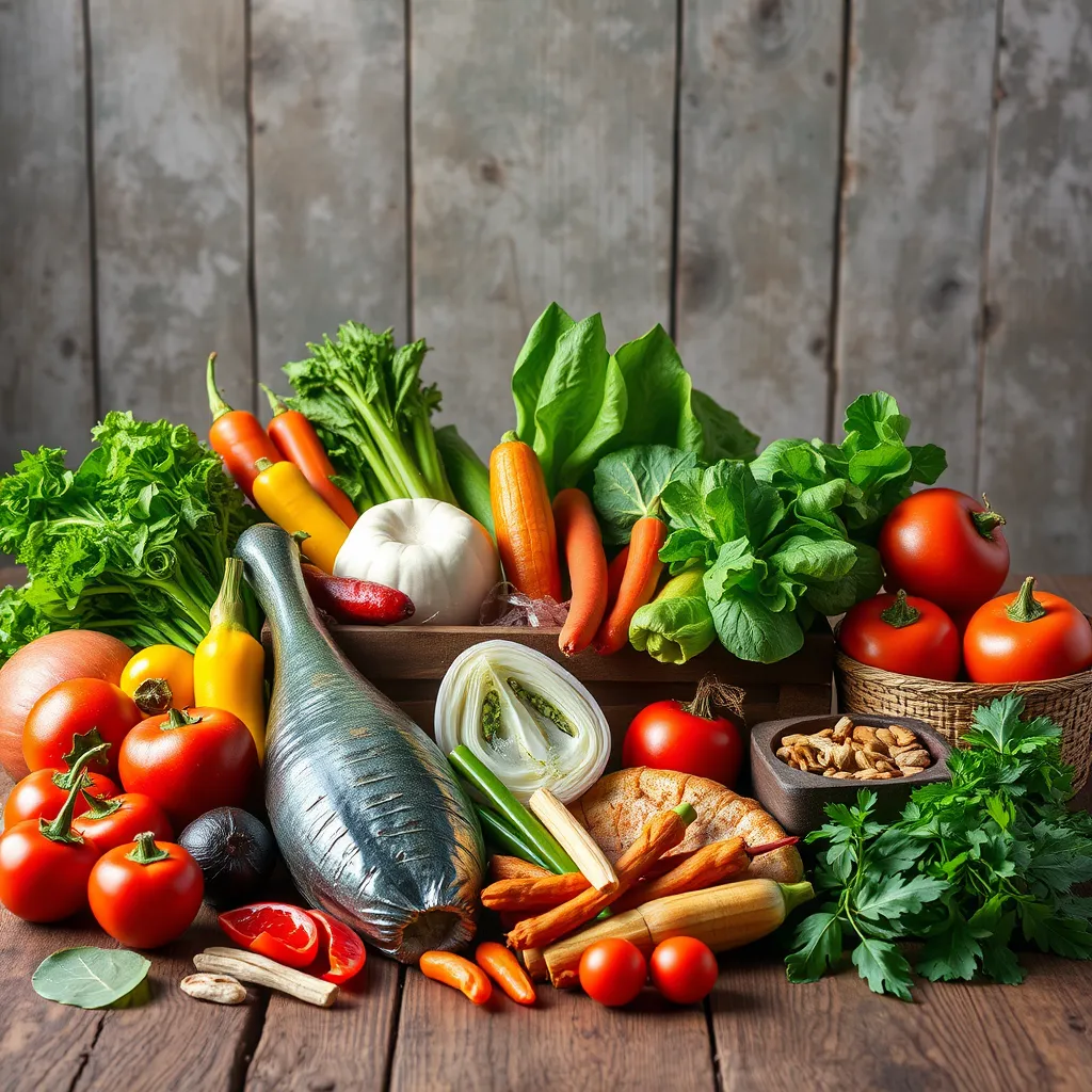 A vibrant still life image featuring a variety of fresh and colorful Thai ingredients, such as vegetables, herbs, spices, and seafood. The ingredients should be arranged in a visually appealing way on a wooden table, with a rustic background that evokes the countryside of Ubon Ratchathani. The image should highlight the quality and freshness of the ingredients.