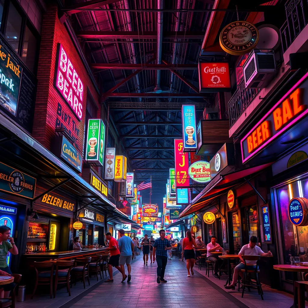A vibrant street scene in Pattaya, Thailand, showcasing a diverse array of beer bars, each with its unique style and atmosphere.  One bar could have a traditional British pub look with red brick walls and wooden beams, while another might have a sleek, modern design with neon lights. The scene should be lively with people enjoying drinks and socializing. 
