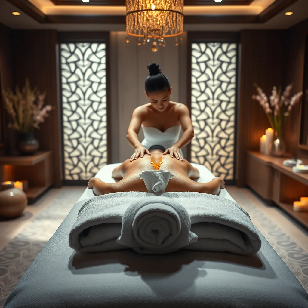 A visually stunning image of a person receiving an oil massage on a massage table in a luxurious spa setting. The therapist is using long, flowing strokes with warm oil, focusing on the back and shoulders. The room is filled with soft lighting and the aroma of essential oils, creating a peaceful and relaxing atmosphere.