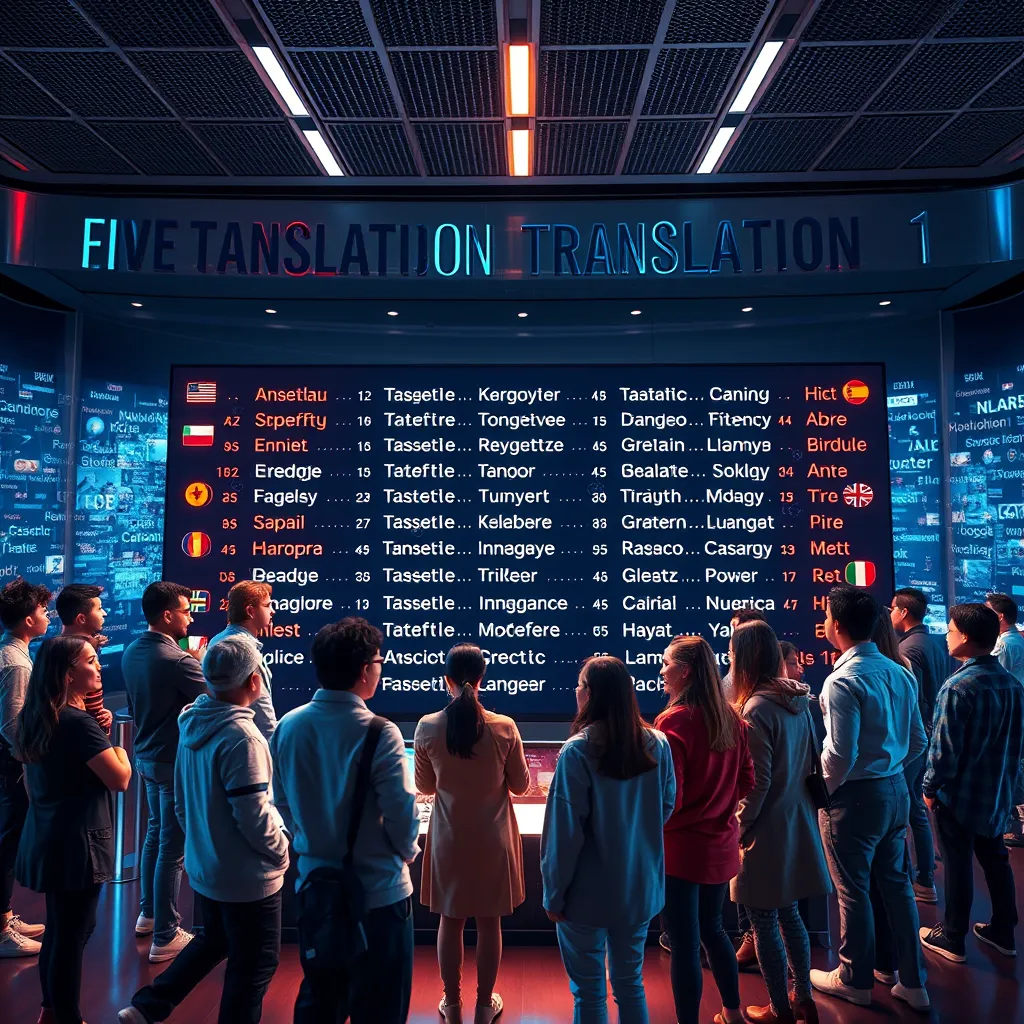 A wide-angle shot of a group of diverse people standing around a large, interactive screen. The screen displays a live translation of text in multiple languages, showcasing a dynamic and interconnected world. The lighting is bright and vibrant, reflecting the energy and excitement of global communication. The people are engaged in conversation, demonstrating the seamless nature of the translation service. The overall style is modern and futuristic, with a focus on connectivity and cultural exchange. The image should be hyperrealistic, with detailed textures and materials, such as the screen's sleek surface and the people's clothing. The resolution should be 8K for maximum detail and clarity.