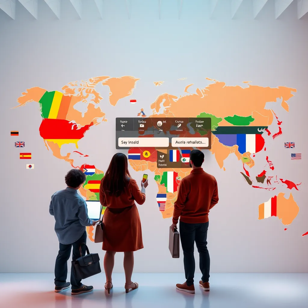 A world map with different languages displayed on it, showcasing a website interface with a language translation option seamlessly integrated. The image should depict a diverse group of people from various countries interacting with the website and accessing information in their preferred language.