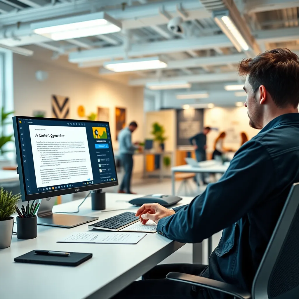 A writer at a desk in a bright and modern office, working on a computer with an AI content generator interface open. The screen displays a draft of a compelling article, while the writer focuses on editing and refining the content. The background should depict a vibrant and creative workspace with other team members collaborating and brainstorming ideas.