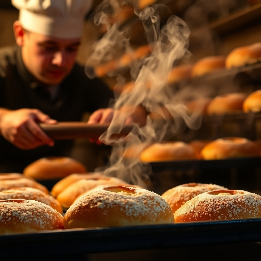 An image focusing on the freshness of the bakery's products.  This could be a dynamic shot of a baker pulling a tray of freshly baked bread from an oven, or a close-up of a pastry with steam rising from it. The lighting should be warm and inviting, accentuating the steam and the golden brown color of the baked goods. The mood should evoke a sense of freshness and warmth.
