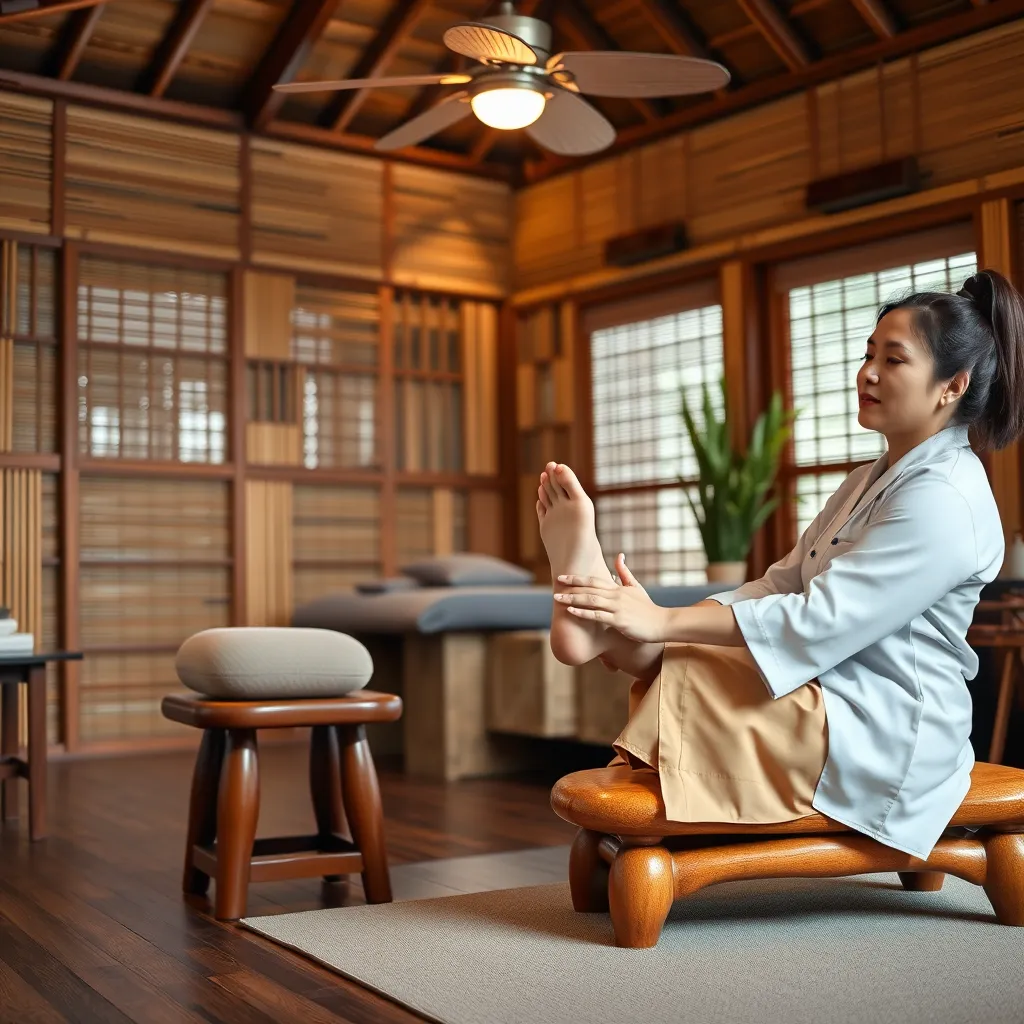 An image of a Thai massage therapist performing a foot massage on a client in a traditional Thai massage studio in Pattaya. The client is sitting on a wooden stool with their feet resting on the therapist's lap. The therapist is gently massaging the client's feet using traditional techniques, with a focus on the pressure points. The studio is decorated with traditional Thai elements, including a wooden floor, bamboo walls, and a low-hanging ceiling fan. The lighting is soft and diffused, creating a warm and inviting atmosphere. The image should focus on the details of the foot massage, including the therapist's skilled hands, the client's relaxed expression, and the natural textures of the wood, bamboo, and skin. The image should convey a sense of relaxation and well-being, and capture the essence of traditional Thai foot massage. The image should be 8K resolution, ultra-detailed, and have a hyperrealistic style.