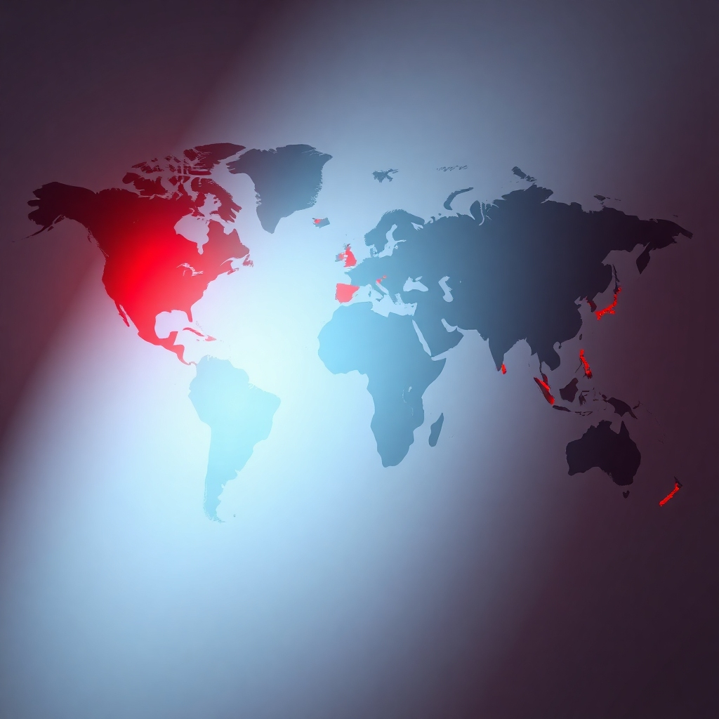 An image showing a world map with key locations highlighted in red, indicating J Square’s global collaborations. The style could be sleek and modern, with a focus on smooth lines and gradients. The lighting should be subtly dramatic, drawing attention to the red highlights. The overall palette should be sophisticated, reflecting global reach.