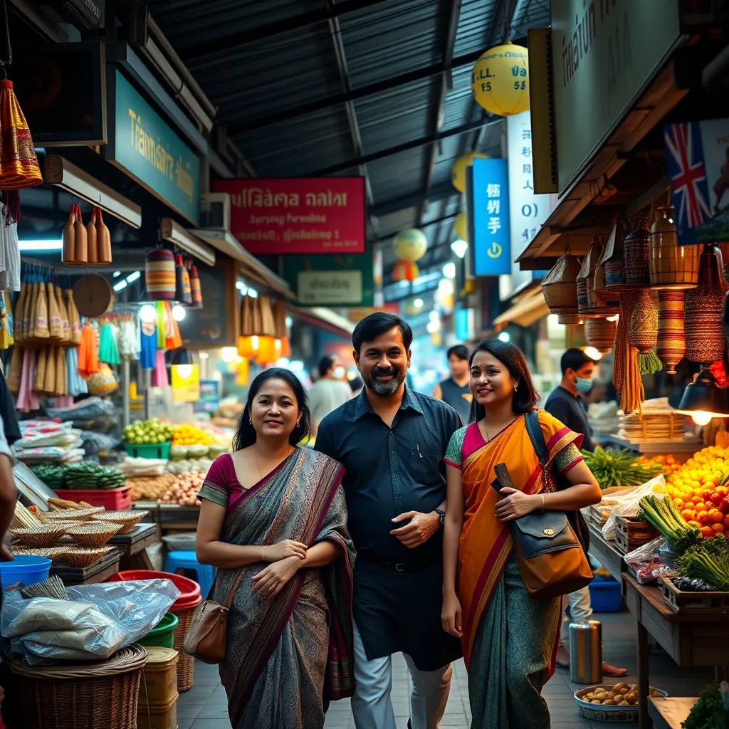 An Indian family exploring a bustling Thai market, their guide pointing out interesting items and explaining the local culture. The scene should depict a lively atmosphere with colorful stalls and friendly vendors.
