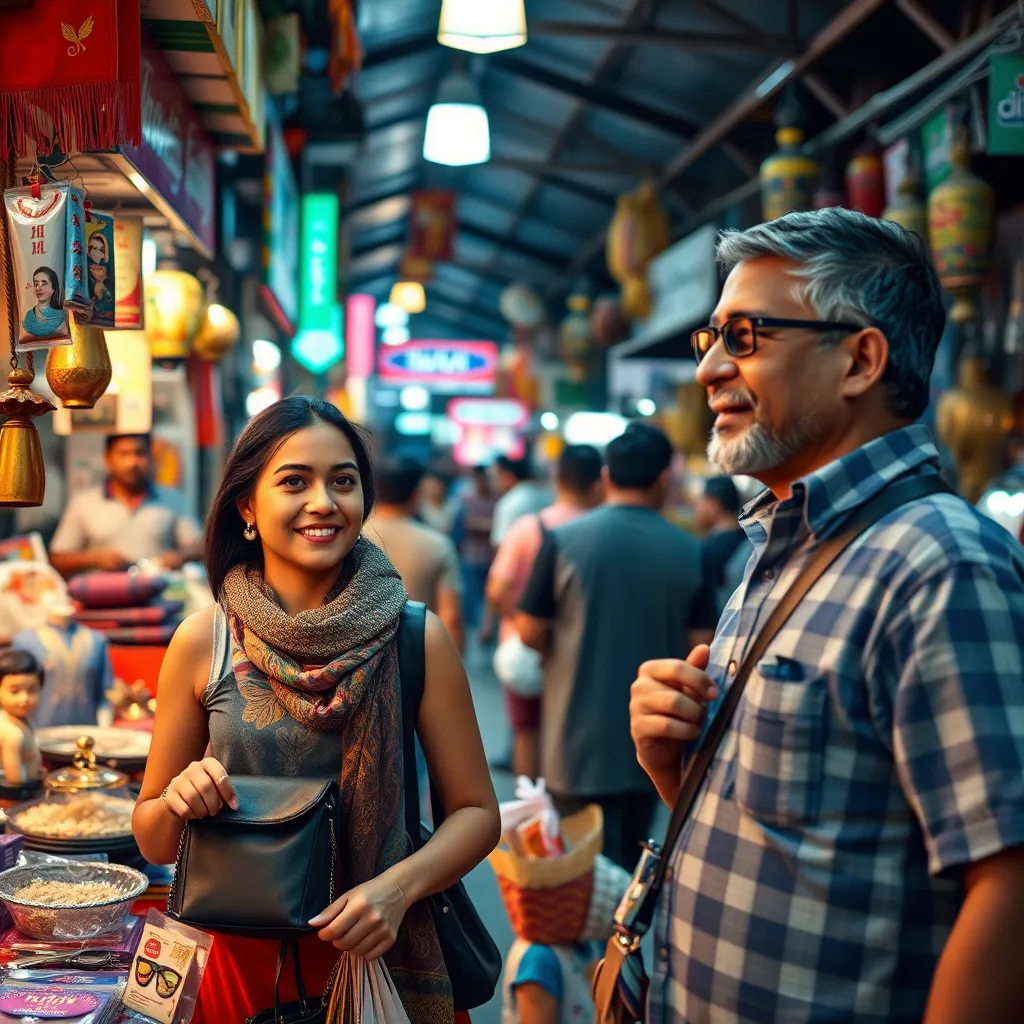 An Indian tourist shopping for souvenirs at a lively Thai market, accompanied by a friendly Indian guide who is helping them negotiate prices and choose the best items. The image should capture the vibrant atmosphere and cultural richness of the market.