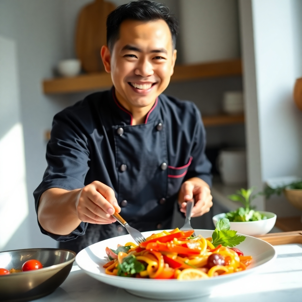 Create a 4K high-quality image depicting a friendly Thai chef, possibly Fah themselves, enthusiastically preparing a delicious Thai dish, perhaps stir-frying vegetables or expertly plating a beautiful dish.  The setting is a clean, bright, and inviting kitchen.  Natural light enhances the warmth and authenticity of the scene. The color palette focuses on natural tones with the bright colors of the ingredients used in the cooking, possibly greens, yellows, reds, and oranges. The chef has a warm and inviting smile, conveying a sense of passion for cooking. The overall style references clean and bright food photography seen in popular culinary magazines. The composition focuses on the chef's hands and the dish they are preparing, capturing the essence of creating a delicious meal. Focus on the textures – the steam rising from the wok, the glossy shine on the vegetables. The image should evoke a feeling of warmth, joy, and culinary expertise, capturing the heart of Fah Cooking's mission.