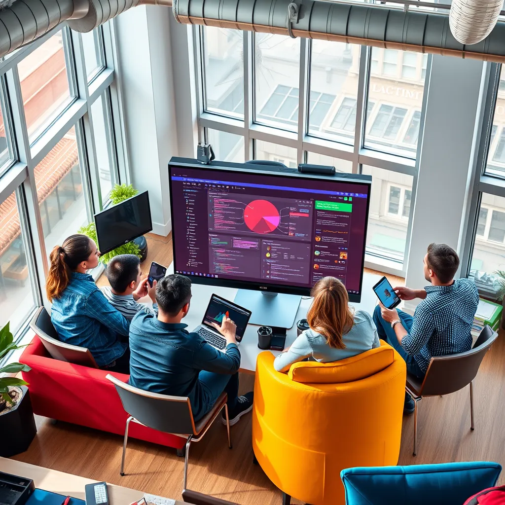 Create a photorealistic, 8K resolution header image for a web development company called Custom Service Solutions. The image should depict a modern, bright office space with a team of diverse developers collaborating around a large monitor, showcasing a complex web application being built.  The developers should be using various tools and technologies, including laptops, tablets, and smartphones, representing the breadth of services offered. Natural light streams in from large windows, creating a warm, inviting atmosphere. The color palette should be vibrant and energetic, with pops of color from the technology and furniture. The image should feel dynamic and innovative, reflecting the company's expertise in web development.  The camera angle should be slightly elevated, capturing the scene from a bird's-eye perspective.  The focus should be on the developers and their collaborative energy, with the web application interface visible on the monitor as a secondary focus. Include subtle texture details on the furniture and technology, emphasizing the high quality of the work environment.  For style references, consider images by photographers like David Yarrow and Martin Schoeller, capturing the dynamic energy and professional atmosphere of a contemporary workspace., ultra high resolution, photorealistic, 8K, hyperdetailed, cinematic lighting