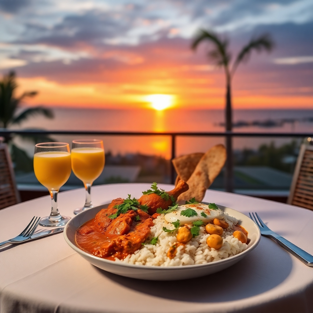 Create a photorealistic, ultra-high-resolution (8K) header image for Miracal Foodie, an Indian restaurant in Pattaya. The image should feature a meticulously arranged table set for two, overlooking a stunning Pattaya sunset.  The table should be adorned with a crisp white tablecloth, elegant silverware, and two glasses of mango lassi.  Center the composition on a vibrant platter of butter chicken, saag paneer, naan bread, and basmati rice, garnished with fresh cilantro and a sprinkle of chili flakes.  The lighting should be warm and inviting, mimicking the golden hour sunset, casting a soft glow on the food and highlighting its textures. The color palette should be rich and vibrant, showcasing the warm tones of the food against the cool hues of the twilight sky.  The camera angle should be slightly elevated, providing a captivating perspective of the scene. The textures should be highly detailed: the smoothness of the lassi, the crispness of the naan, the richness of the curries.  Include subtle background elements suggestive of a luxurious, yet relaxed, dining atmosphere – perhaps a gently swaying palm tree and the glimmering lights of Pattaya in the distance. The overall mood should evoke a feeling of exquisite luxury and authentic Indian hospitality.  The style should reference high-end food photography found in magazines like Condé Nast Traveler or National Geographic.  Render the image in hyperrealistic detail, focusing on the food's textures and the interplay of light and shadow. Emphasize the juicy, glistening quality of the butter chicken and the creamy texture of the saag paneer., ultra high resolution, photorealistic, 8K, hyperdetailed, cinematic lighting