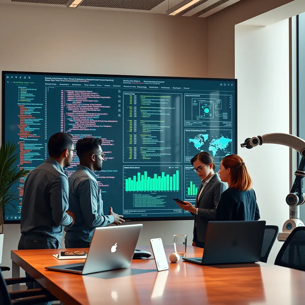 Generate a photorealistic, ultra-high quality header image (8K resolution, hyperrealistic) showcasing the power of AI for business. The image should feature a modern, sleek office space with a team of diverse developers working collaboratively on a large touchscreen interface. The interface displays a seamless blend of code, data visualizations, and real-time AI-powered results, highlighting the dynamic nature of the development process. Use a warm, inviting color palette with soft lighting, creating a professional yet approachable atmosphere. The camera angle should be slightly elevated, capturing the team in a dynamic, engaged pose. Focus on the intricate details of the technology, including the sleek lines of the hardware, the vibrant colors of the coding interfaces, and the subtle reflections on the screens. The background should be a minimalist, modern office environment with subtle architectural elements. Include props like sleek laptops, wireless headphones, and a futuristic-looking robot arm, symbolizing the advanced nature of the technology. Style references include 'The Martian' movie's tech aesthetic and Apple's minimalist design language. , ultra high resolution, photorealistic, 8K, hyperdetailed, cinematic lighting