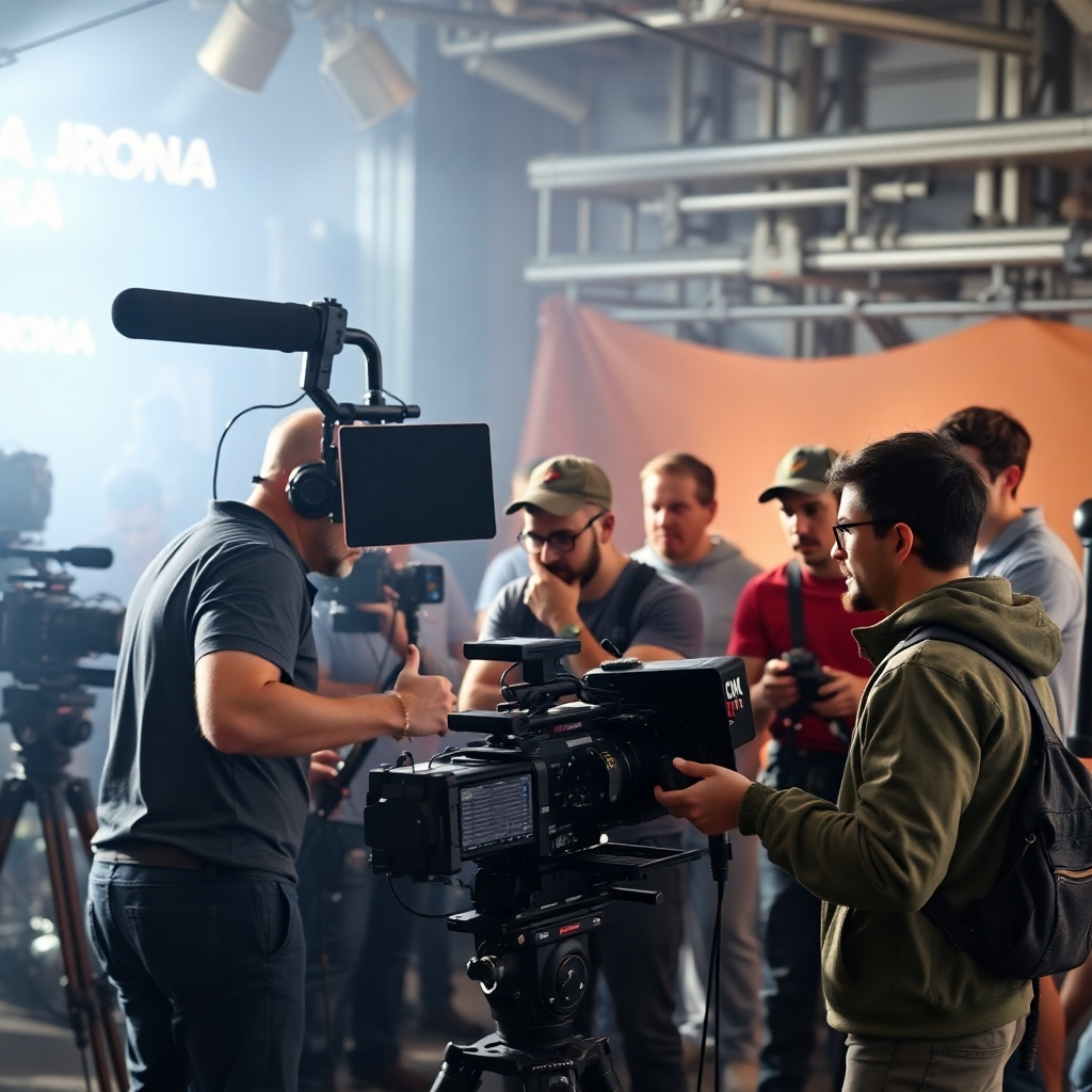 Photorealistic image of a film crew working on set, capturing the energy and collaboration of the process. Highlighting the professional equipment and the diverse crew members