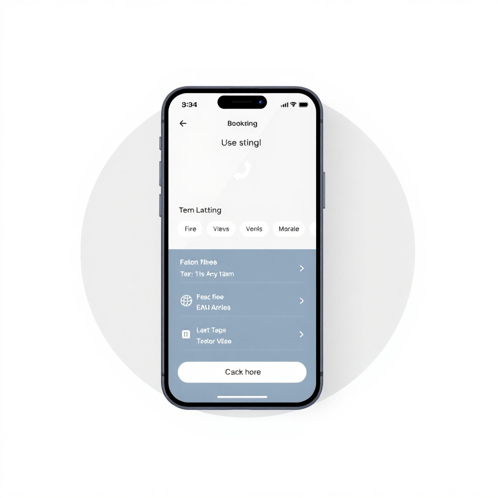 Stylized graphic showing a simple, user-friendly interface design of a booking system. The overall feeling is simple, efficient, and user-friendly. A smartphone should be displayed clearly.