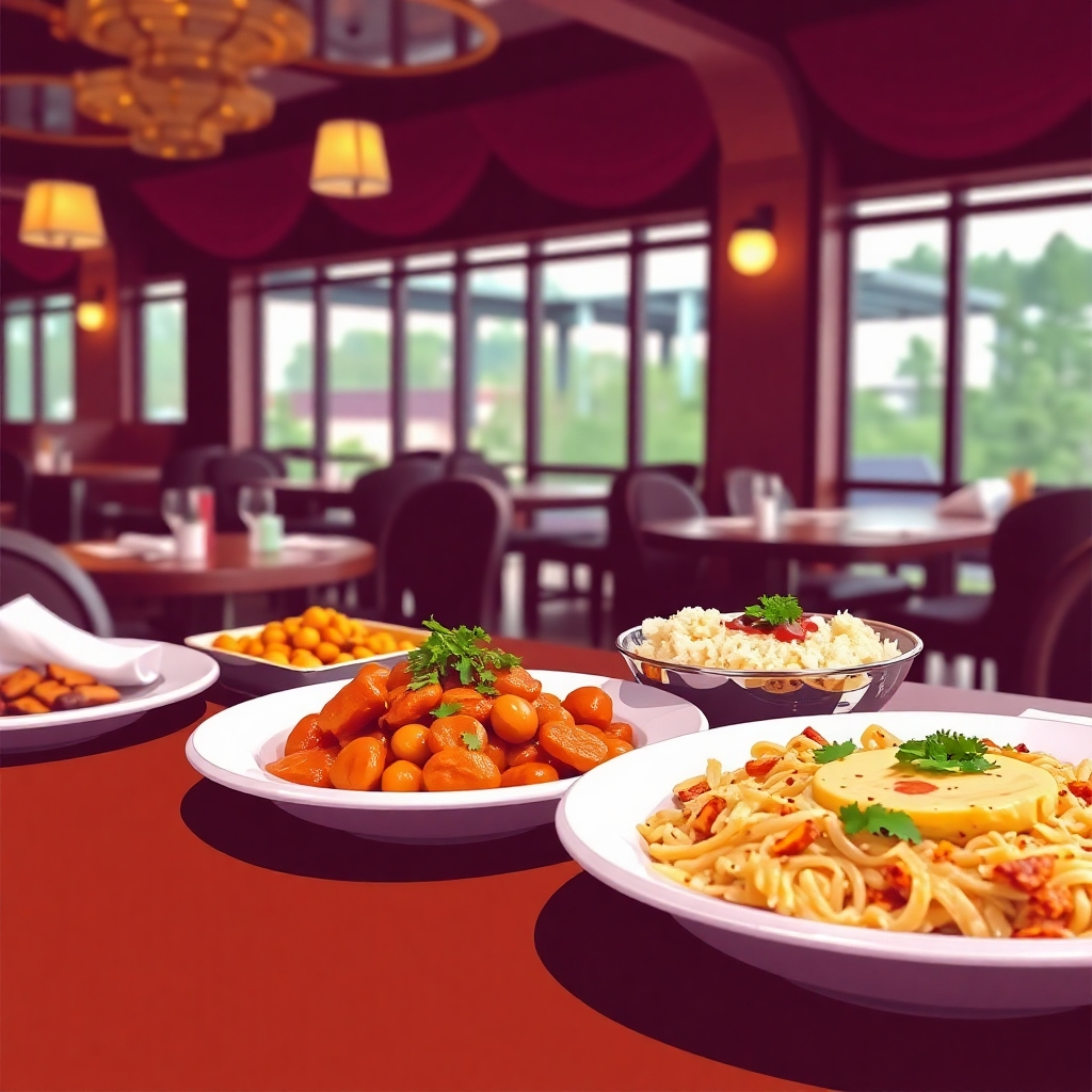 Stylized image showing beautifully plated Indian dishes in a warm, inviting restaurant setting. Highlighting the vibrant colors and textures of the food.