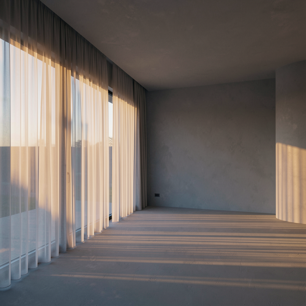 Calming minimal room interior with soft dawn light symbolizing safety and renewal