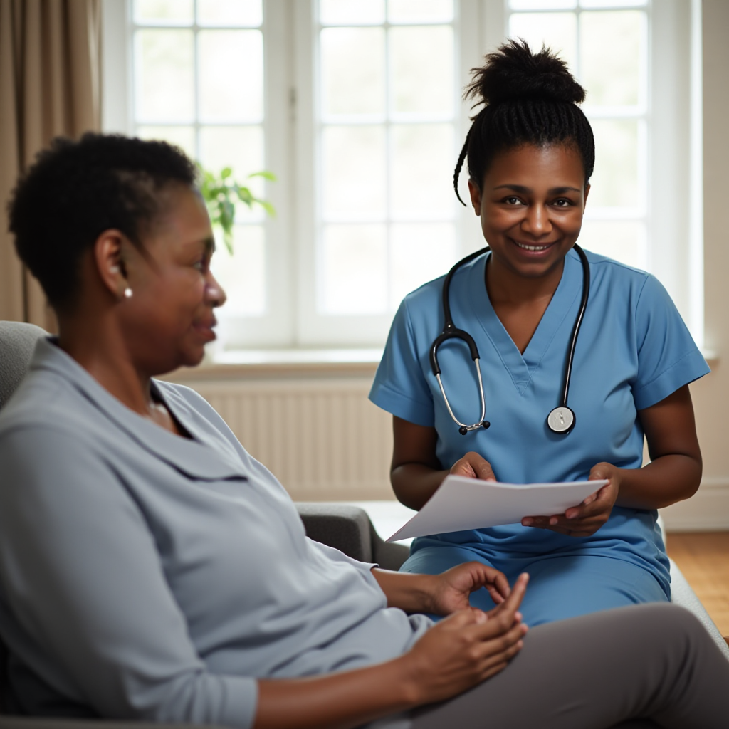 A close-up, photorealistic image of a caregiver and a senior patient reviewing a personalized care plan together at a kitchen table. The focus is on the shared document, highlighting handwritten notes and personalized schedules. Soft, warm lighting illuminates the scene, creating a sense of collaboration and trust. The color palette should be muted and comforting. Style references: Documentary photography. Technical specs: 4K resolution, high quality.