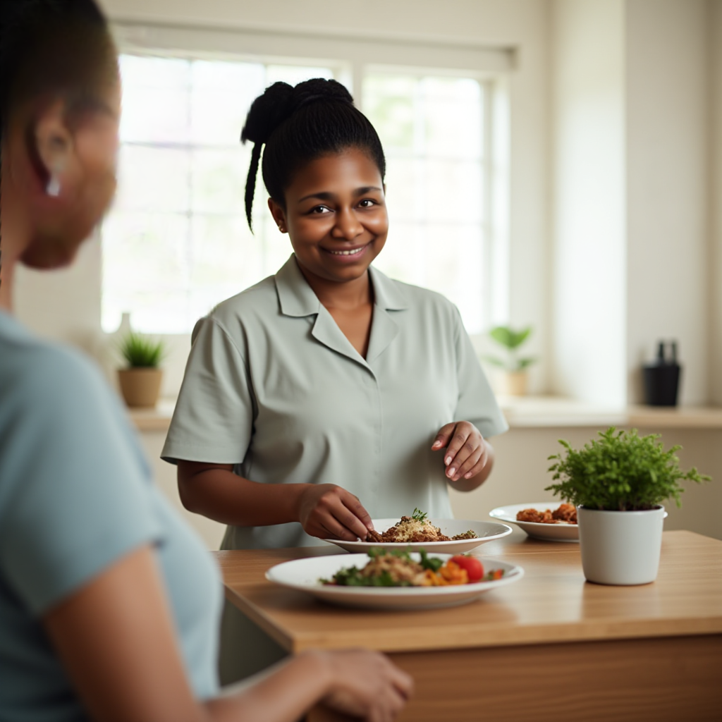 A photorealistic image depicting a home health aide gently assisting a senior individual with preparing a healthy meal in a well-lit kitchen. The focus is on the act of assistance, with both individuals smiling and engaged. Include fresh ingredients and modern kitchen appliances to showcase a focus on nutrition and well-being. Style references: Lifestyle photography. Technical specs: 4K resolution, high quality.