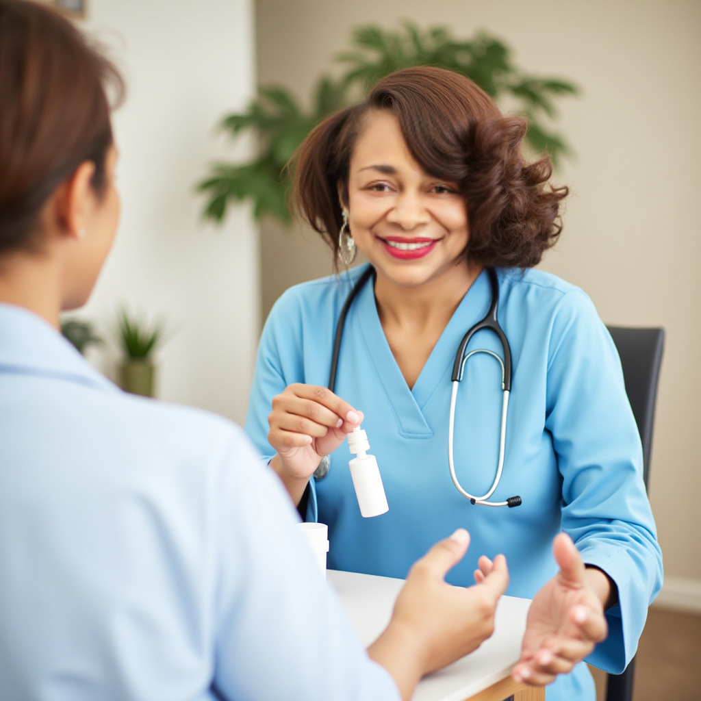 A photorealistic image showing a home health aide giving a senior patient her medicine with a glass of water. The background is a cozy living room, and the shot emphasizes the trusting relationship between the two. The color palette should be gentle and reassuring. Style references: Real-life healthcare photography. Technical specs: 4K resolution, high quality.