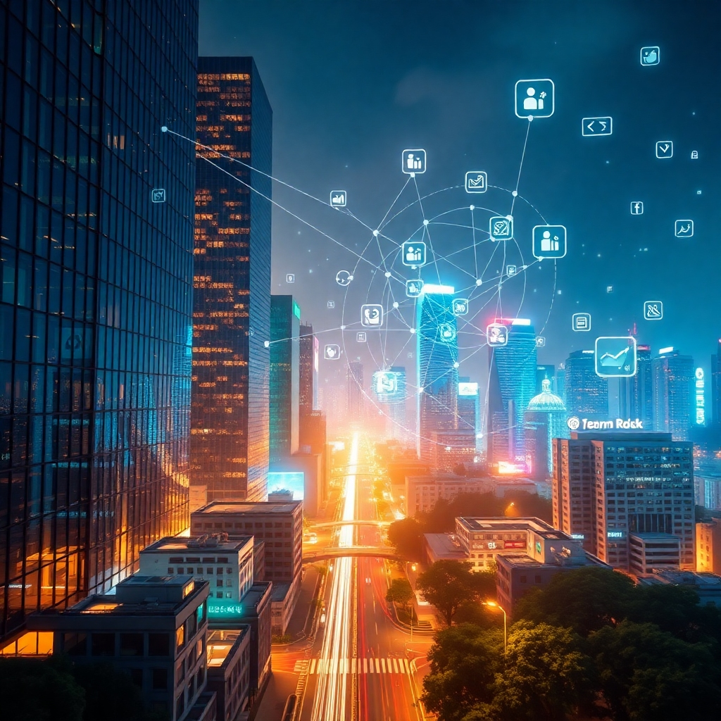 Create a photorealistic, ultra-high-quality header image representing The BNB Digital Marketing Suite. The scene should depict a vibrant and interconnected network of digital elements (websites, apps, social media icons) flowing seamlessly into a flourishing cityscape, symbolizing business growth. The composition should have a dynamic feel, with elements moving towards the viewer, drawing them into the scene. The lighting should be warm and inviting, with a soft glow emanating from the digital elements. The color palette should be modern and clean, with blues, greens, and yellows dominating. A slightly low camera angle will enhance the sense of scale and impact. Focus on texture details such as the smooth glass of skyscrapers, the intricate circuitry of digital devices, and the lush greenery of the cityscape. The environment is a futuristic yet grounded urban landscape. Relevant props include stylized data streams and glowing business charts. The style should be a blend of modern digital art and photorealism, similar to works by Peter Tarka. Render in 8K resolution with hyperrealistic detail.