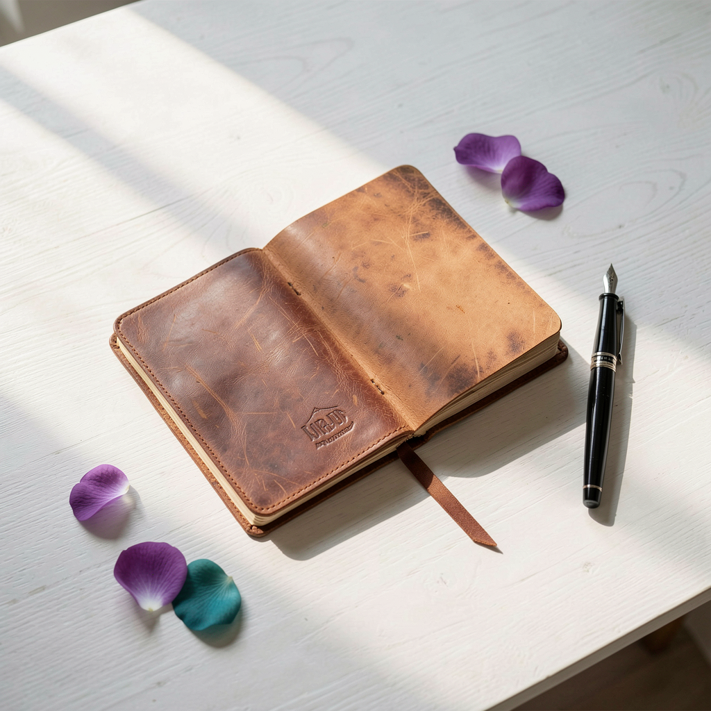 Open journal and pen on wooden desk