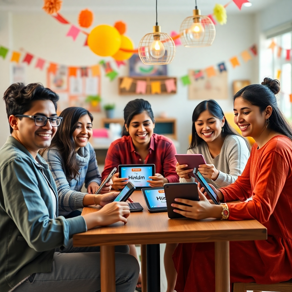 A photorealistic image of a diverse group of happy young adults sitting around a table, engaged in a Hindi language learning game on tablets. The atmosphere is bright and friendly, with colorful decorations suggesting a vibrant learning environment. The image should emphasize the interactive and engaging nature of the learning experience.
