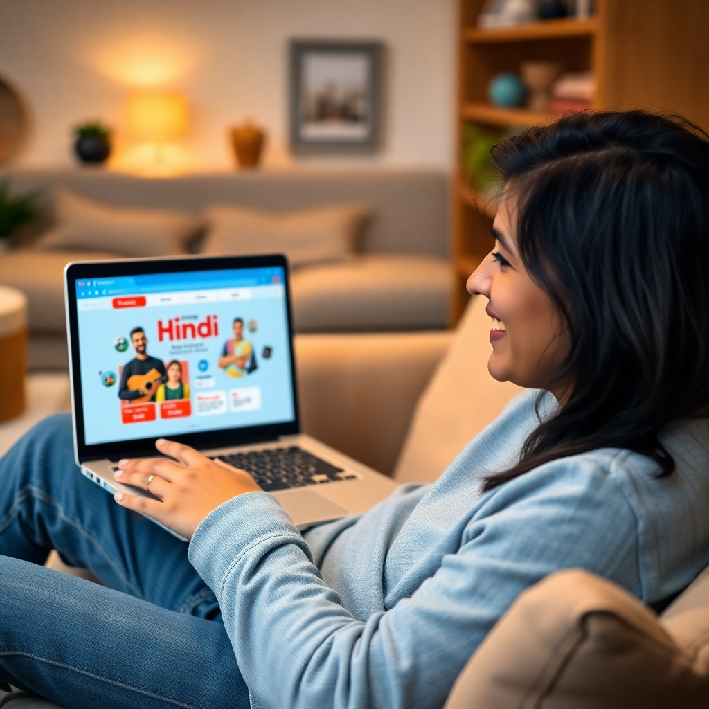 A photorealistic image of a person comfortably seated on a couch at home, smiling while looking at a laptop screen.  The laptop shows a Hindi language learning app with engaging visuals. The background is blurred but shows a cozy and comfortable living room, emphasizing the flexibility and convenience of the online course.